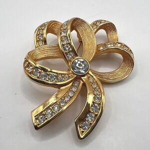 Swarovski Crystal Bow Brooch Swirl Brushed Gold Tone Pin